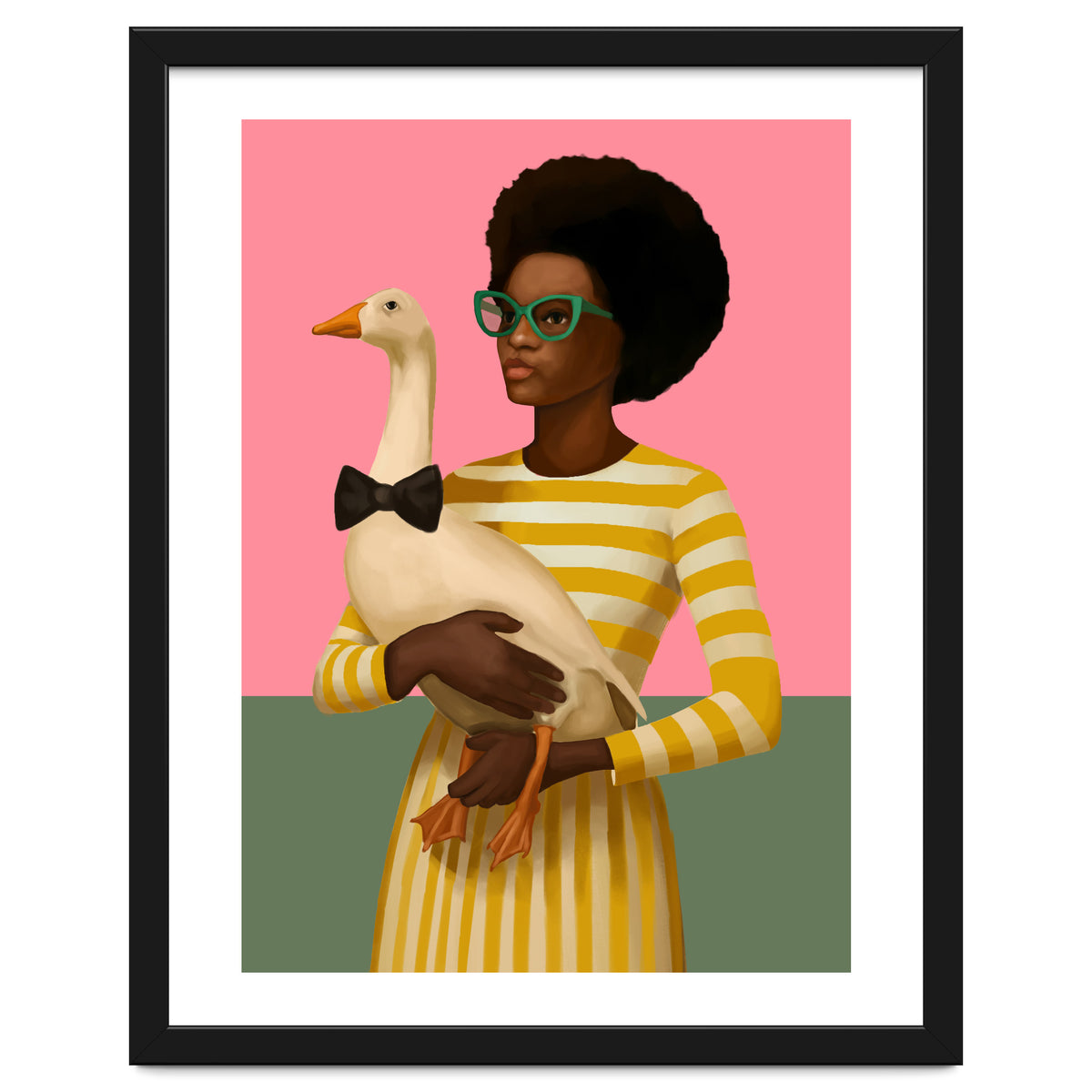 Stylish Woman Holding Goose In Striped Dress