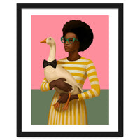 Stylish Woman Holding Goose In Striped Dress