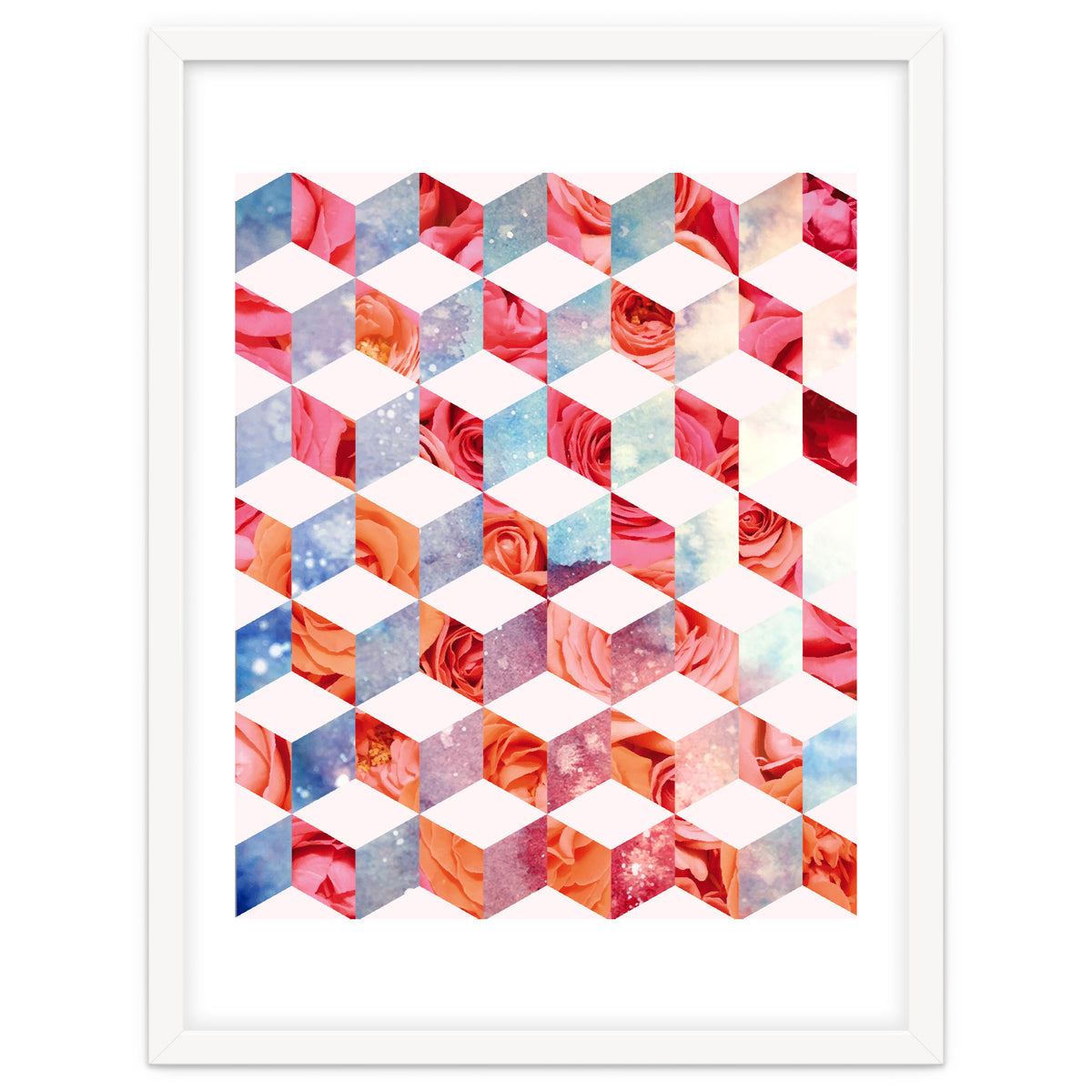 Eve's Sweet Garden of Roses, Geometrical Eclectic Shapes Digital Collage, Surrealism Floral illusion