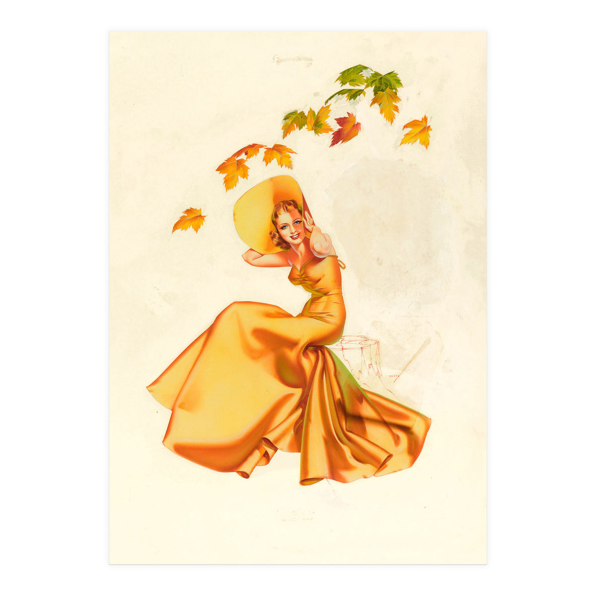 Woman Posing In Yellow Dress And Autumn Leafs (Print Only)