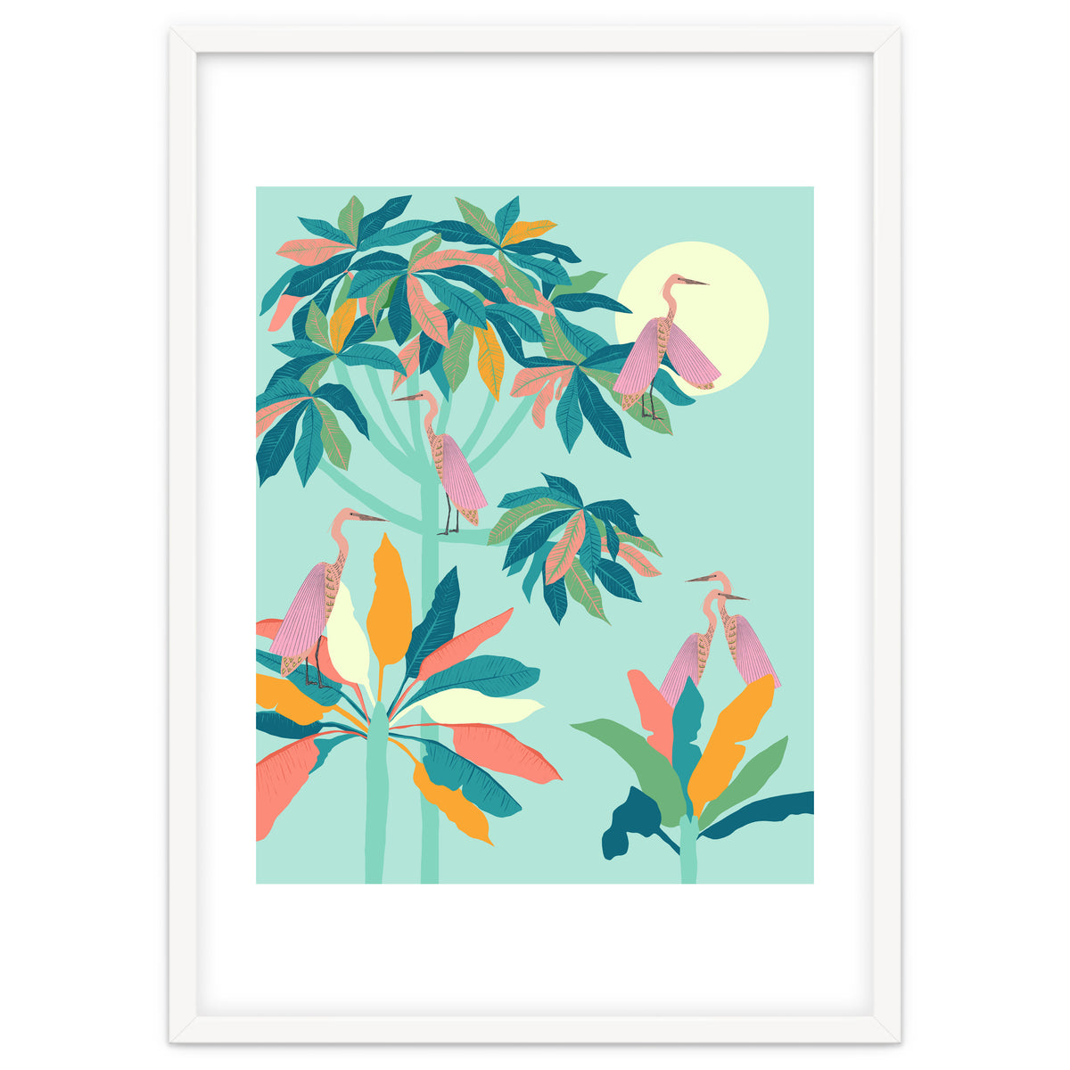Drawn To The Moon, Stork Heron Flamingo Birds, Tropical Pastel Wildlife Forest Nature, Animals Jungle Bohemian Eclectic Fly
