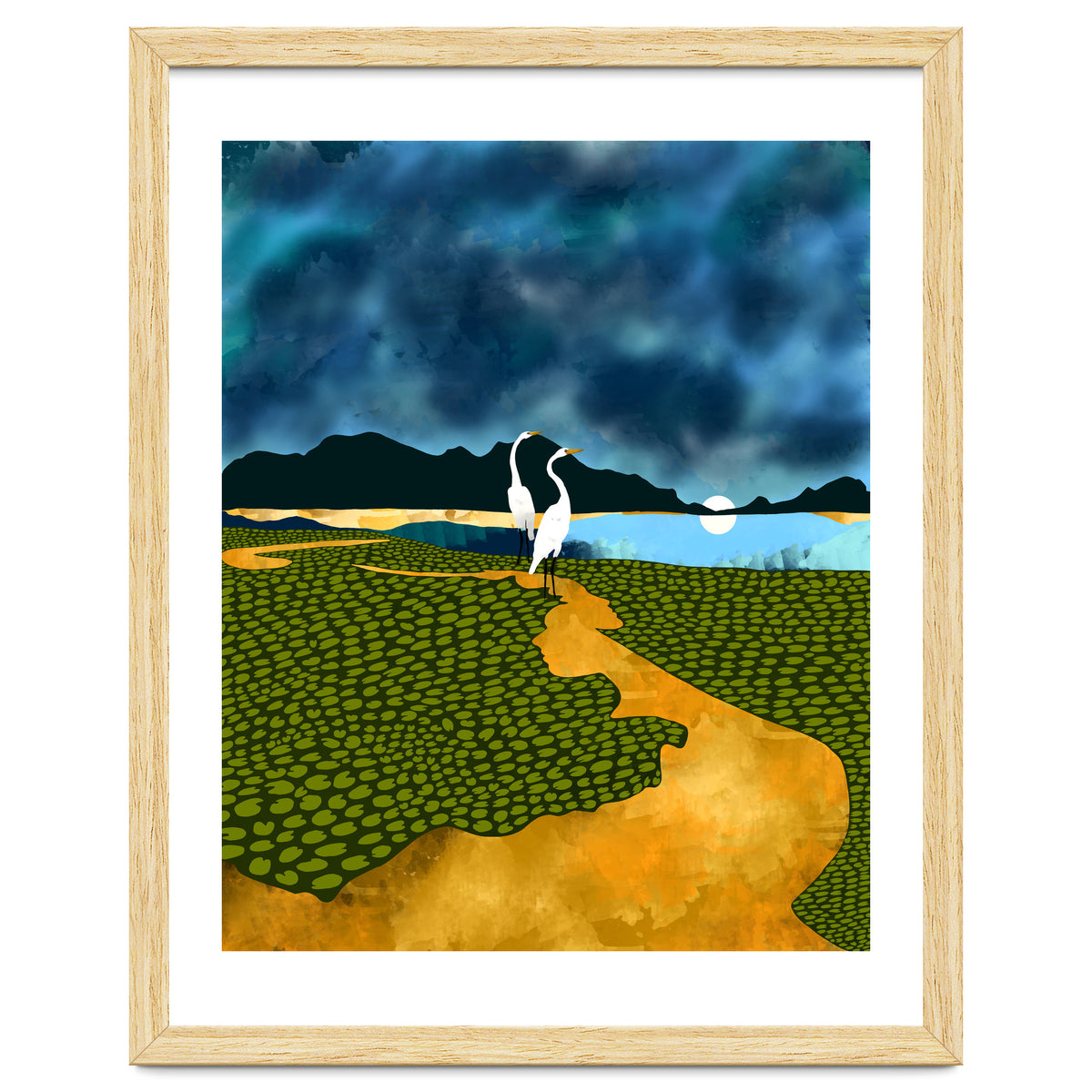 Great Egrets On Honeymoon Island, Heron Wildlife Painting Nature Landscape, Travel Dark Scenic Birds Love Animals Lake Bohemian