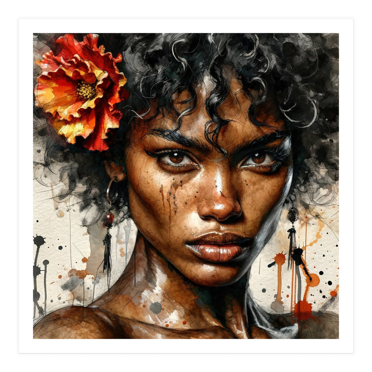 Watercolor Afro American Flamenco Dancer #1 (Print Only)