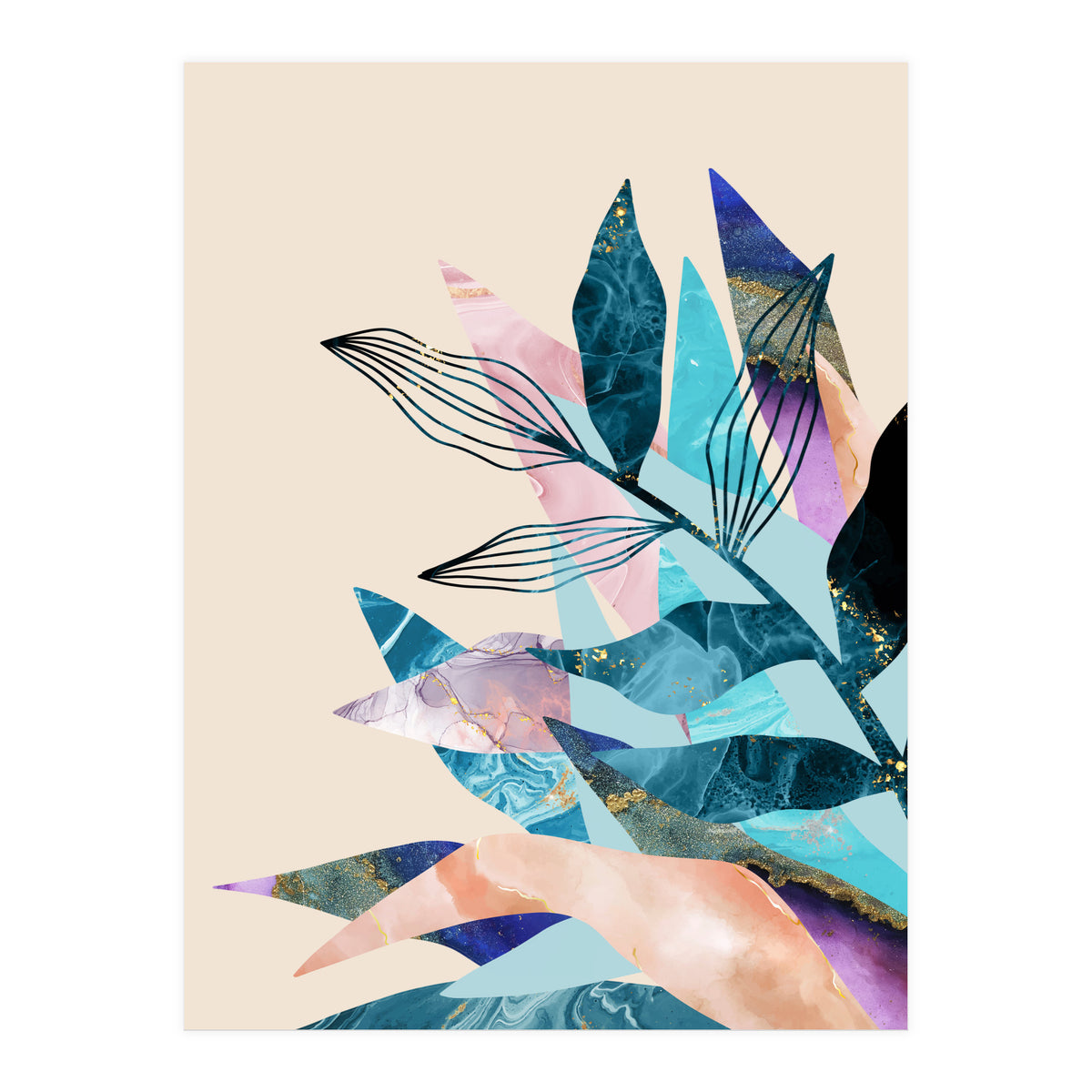 Marble Fantasy, Luxe Abstract Texture Botanical Concept, Eclectic Graphic Design Bohemian Contemporary (Print Only)