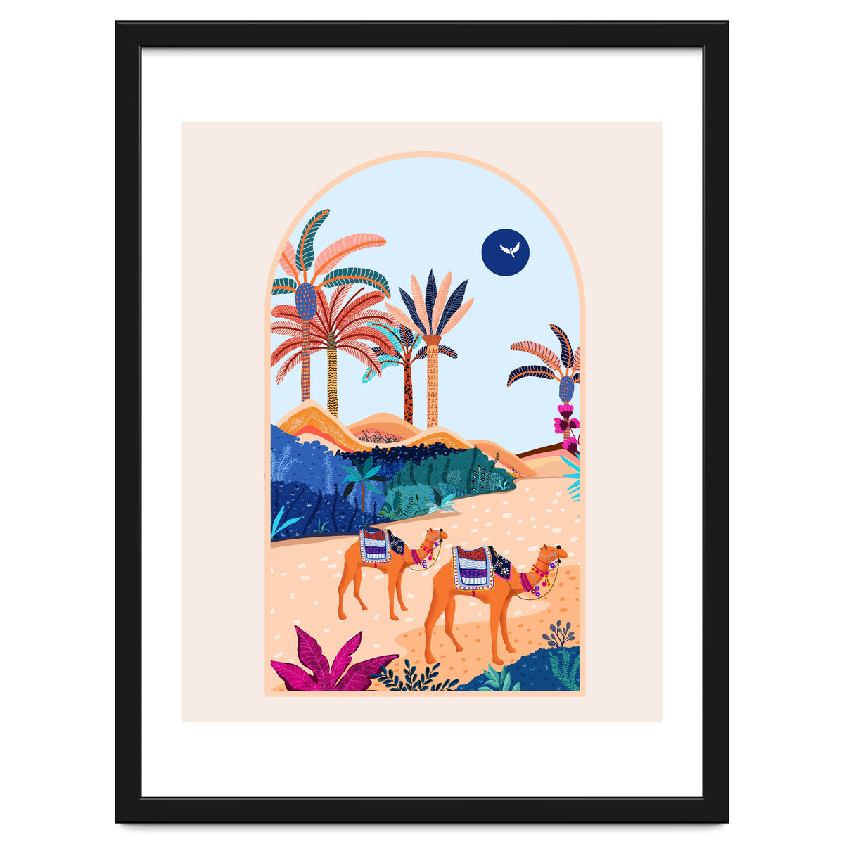 The Arabian Desert, Nature Landscape Travel Illustration, Camels Eclectic Sand Dunes Dubai Palm, Sahara Middle East Hot Summer Animals Bohemian