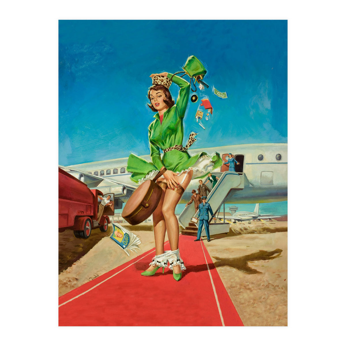 Sexy Pinup Brunette Experiencing Sudden Wind At The Airport (Print Only)