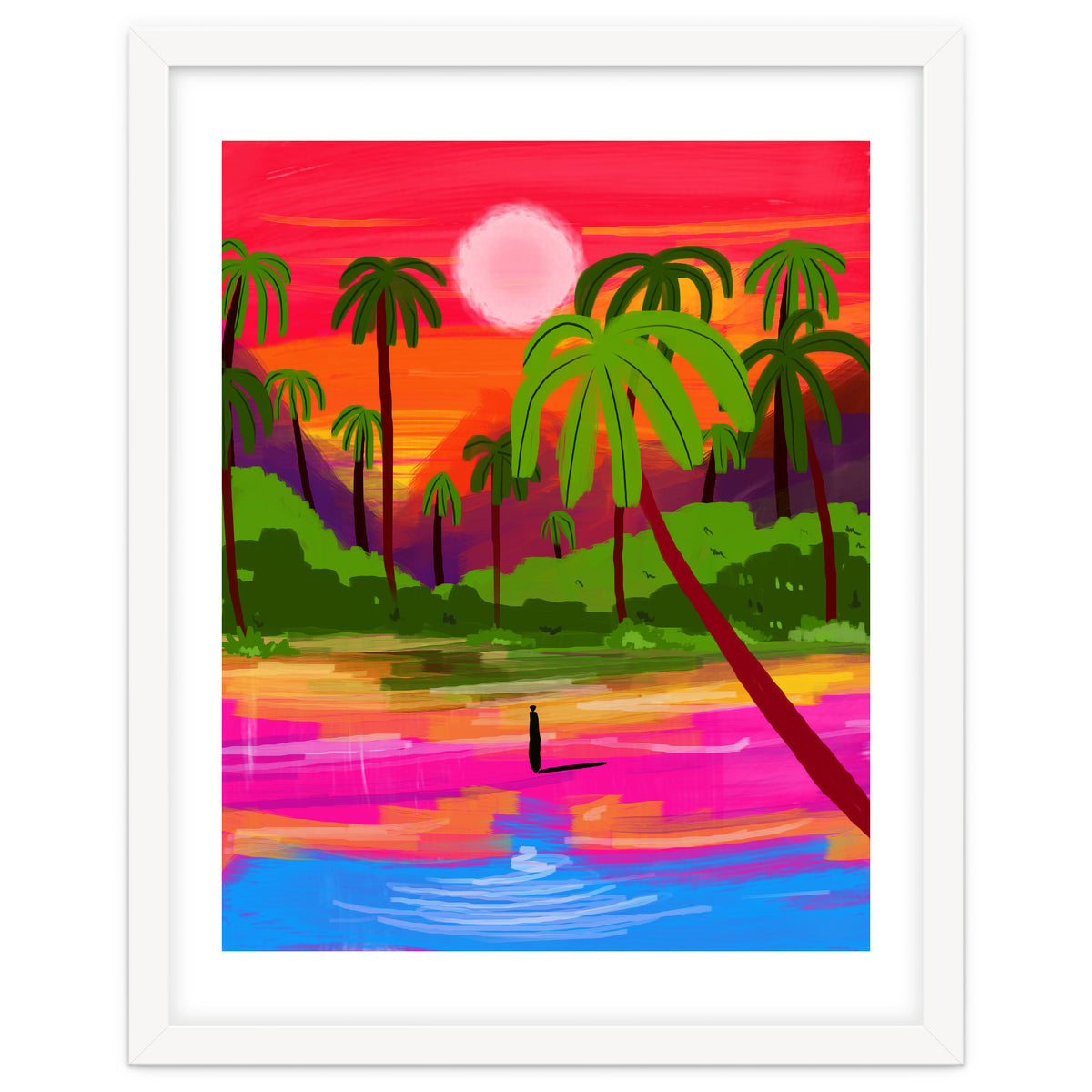 My Shadow & I, Sunset Painting Lake Beach Seashore, Tropical Nature Landscape Colorful Bohemian Traditional, Travel Concept Companion