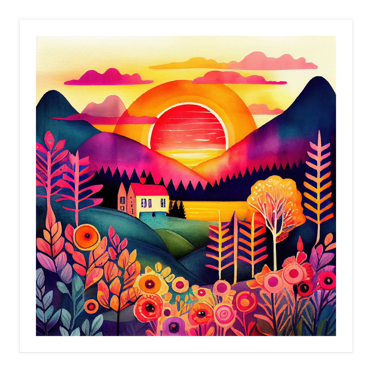 Folk Sunset Over Mountain Lake (Print Only)