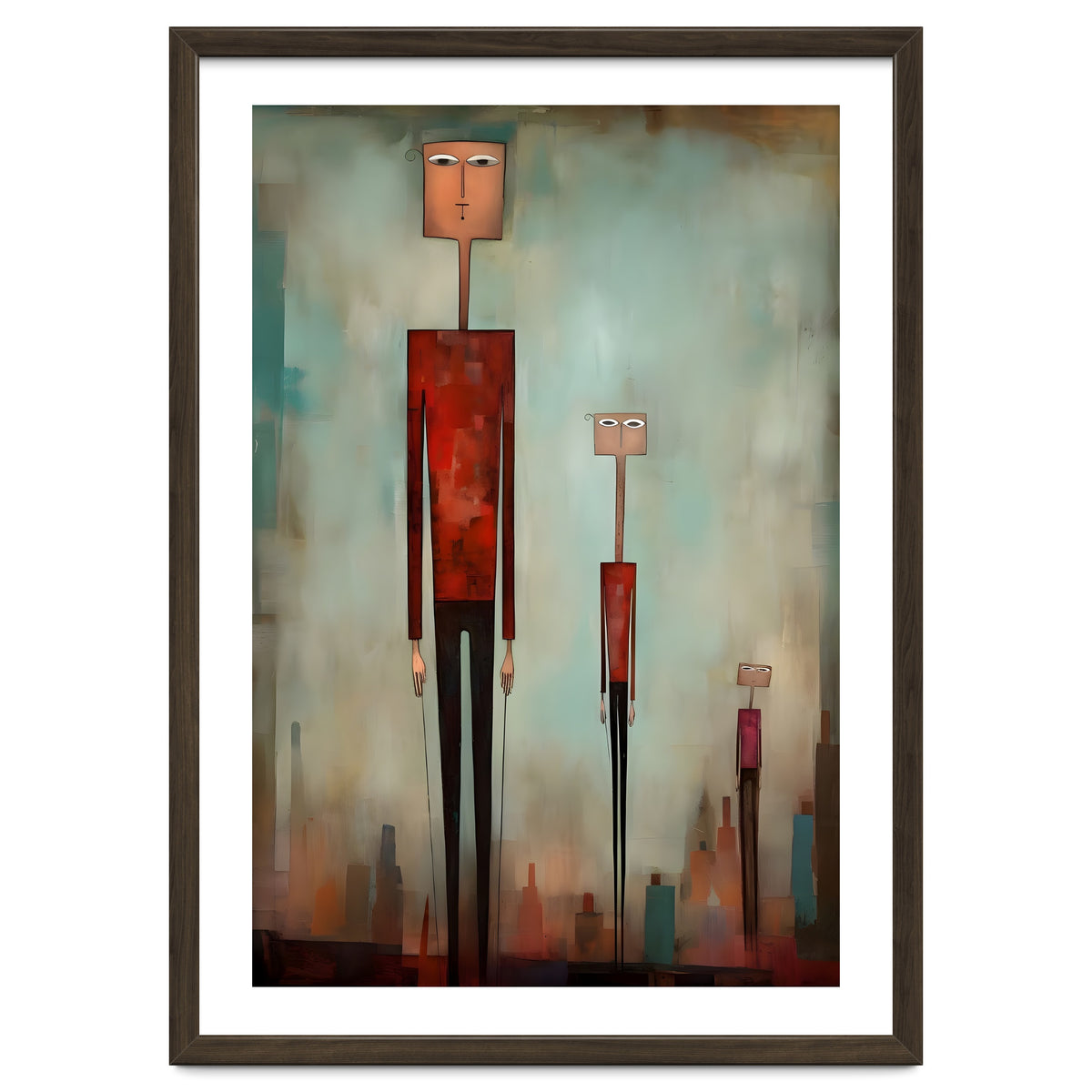 CITY HEIGHTS, three human-like forms of differing heights loom over the city below.