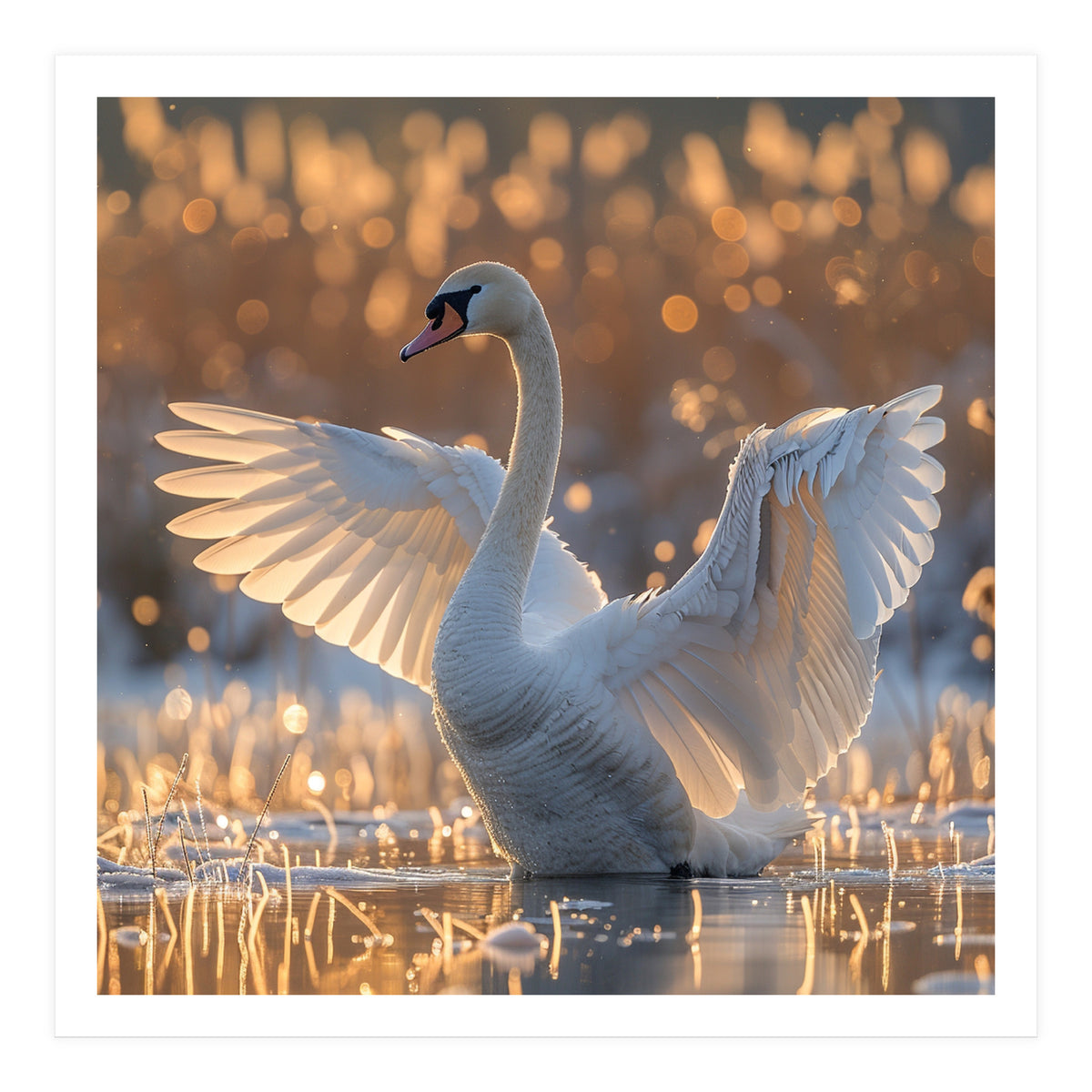 Swan Spreading Wings In Water Sunlight (Print Only)
