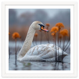White Swan Swimming In A Lake With Reeds thumbnail