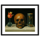 Vanitas, allegory of fleeting time with skull and hour-glass. Oil on canvas. thumbnail