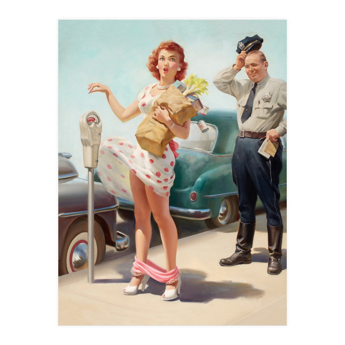 Sexy Pinup Shopping Girl And A Sudden Wind (Print Only)