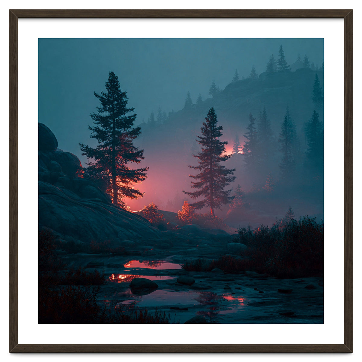 Atmospheric Twilight Pine Forest with Glowing Crimson Light