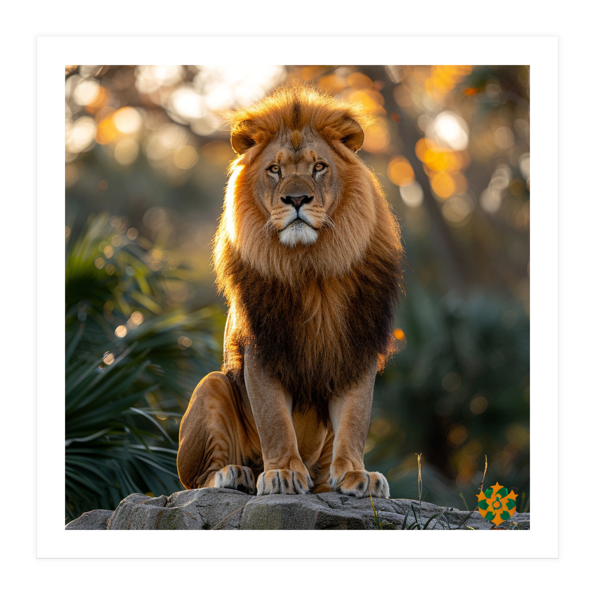 Majestic Lion Sitting On A Rock At Sunset (Print Only)