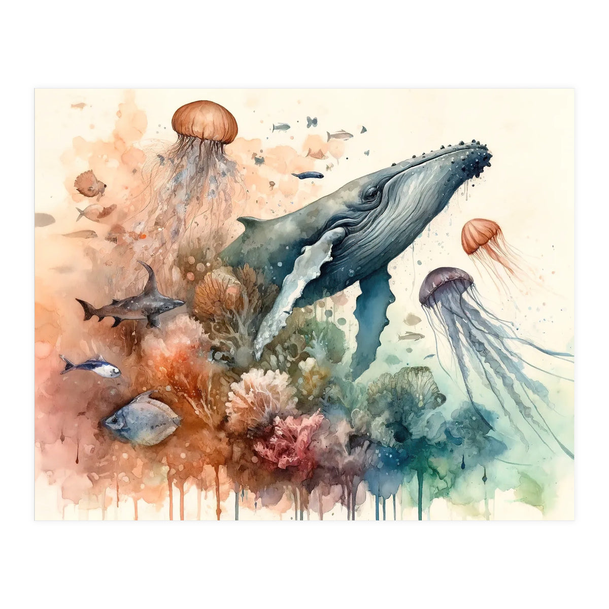 Whale And Jellyfish Watercolor (Print Only)