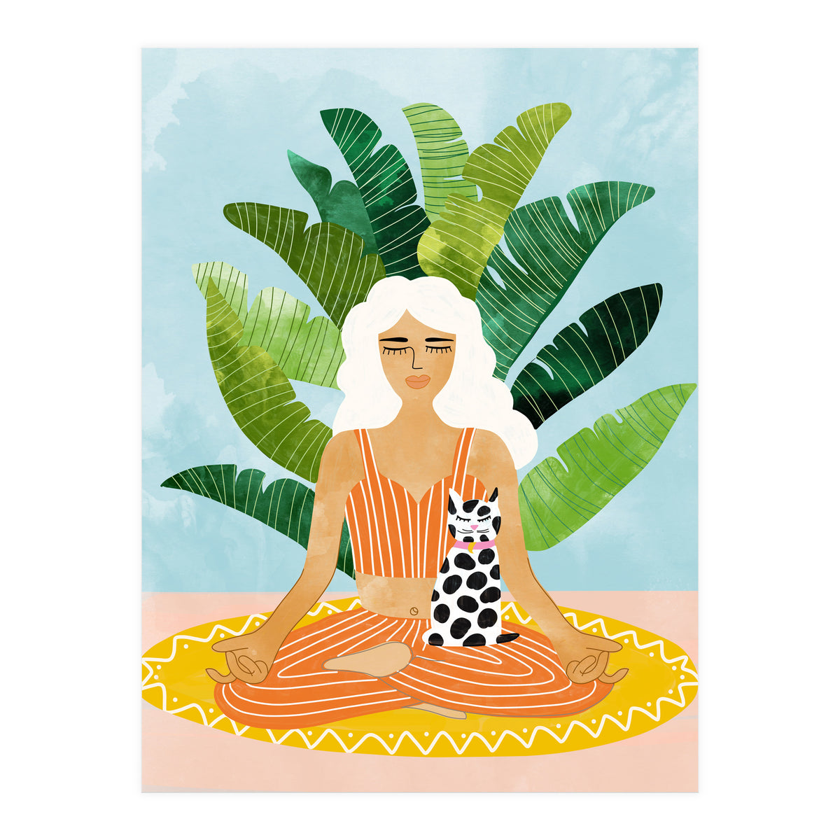 Meditation With Thy Cat Poster | Blonde Woman of Color | Tropical Banana Leaves Quirky Pet Workou (Print Only)