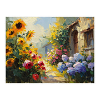 Vibrant Summer Cottage Garden Oil Painting (Print Only)