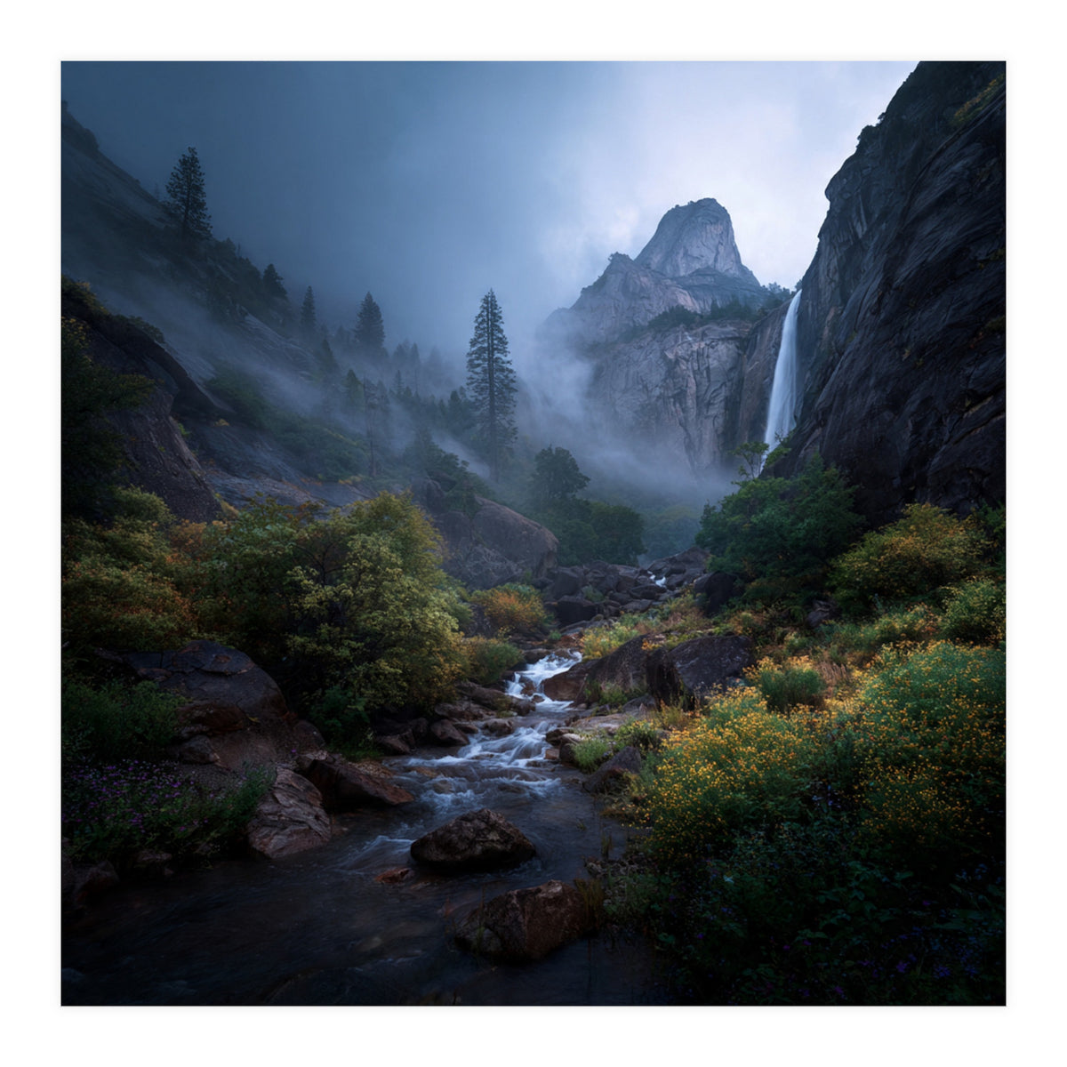 Majestic Misty Mountain Valley with Cascading Waterfall (Print Only)