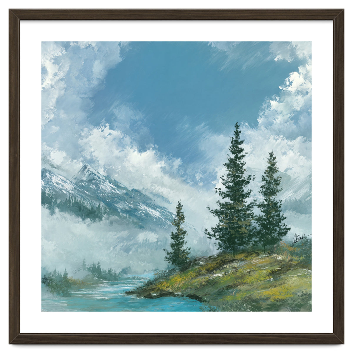 Ethereal Alpine River Valley with Snow-Capped Mountains