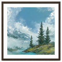 Ethereal Alpine River Valley with Snow-Capped Mountains