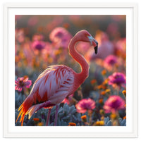 Pink Flamingo Standing In A Field Of Flowers