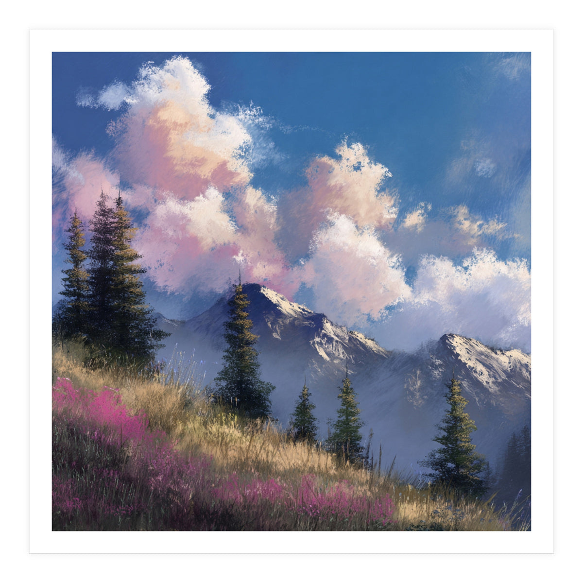 Alpine Summer Meadow with Vibrant Wildflowers and Snow (Print Only)