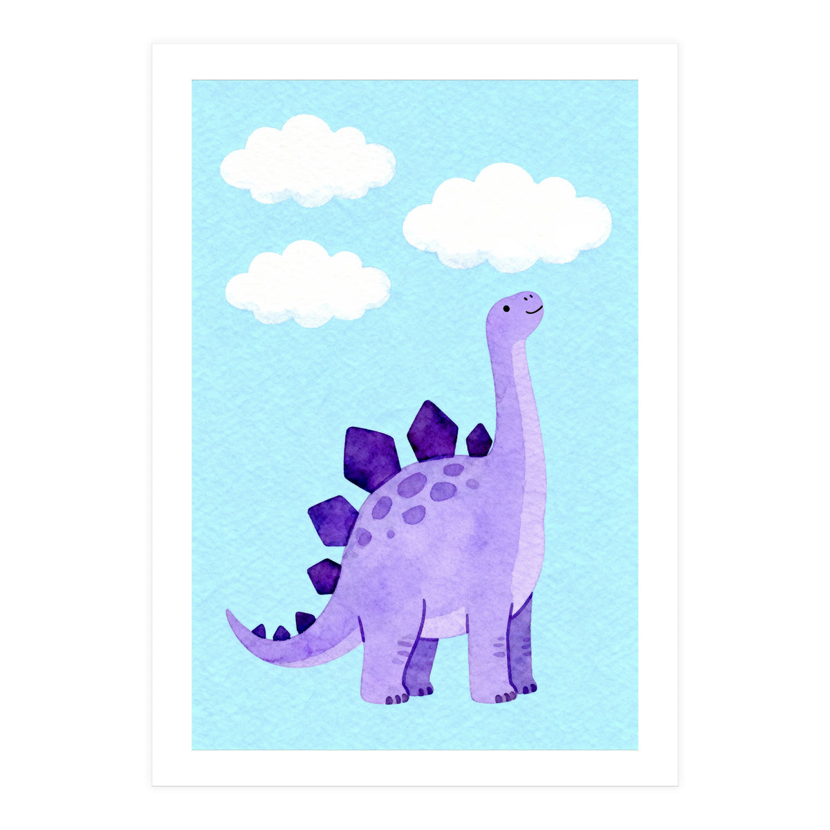 Purple Stegosaurus Watercolor Art, Cute Dinosaur Nursery Print, Dino and Clouds Illustration (Print Only)