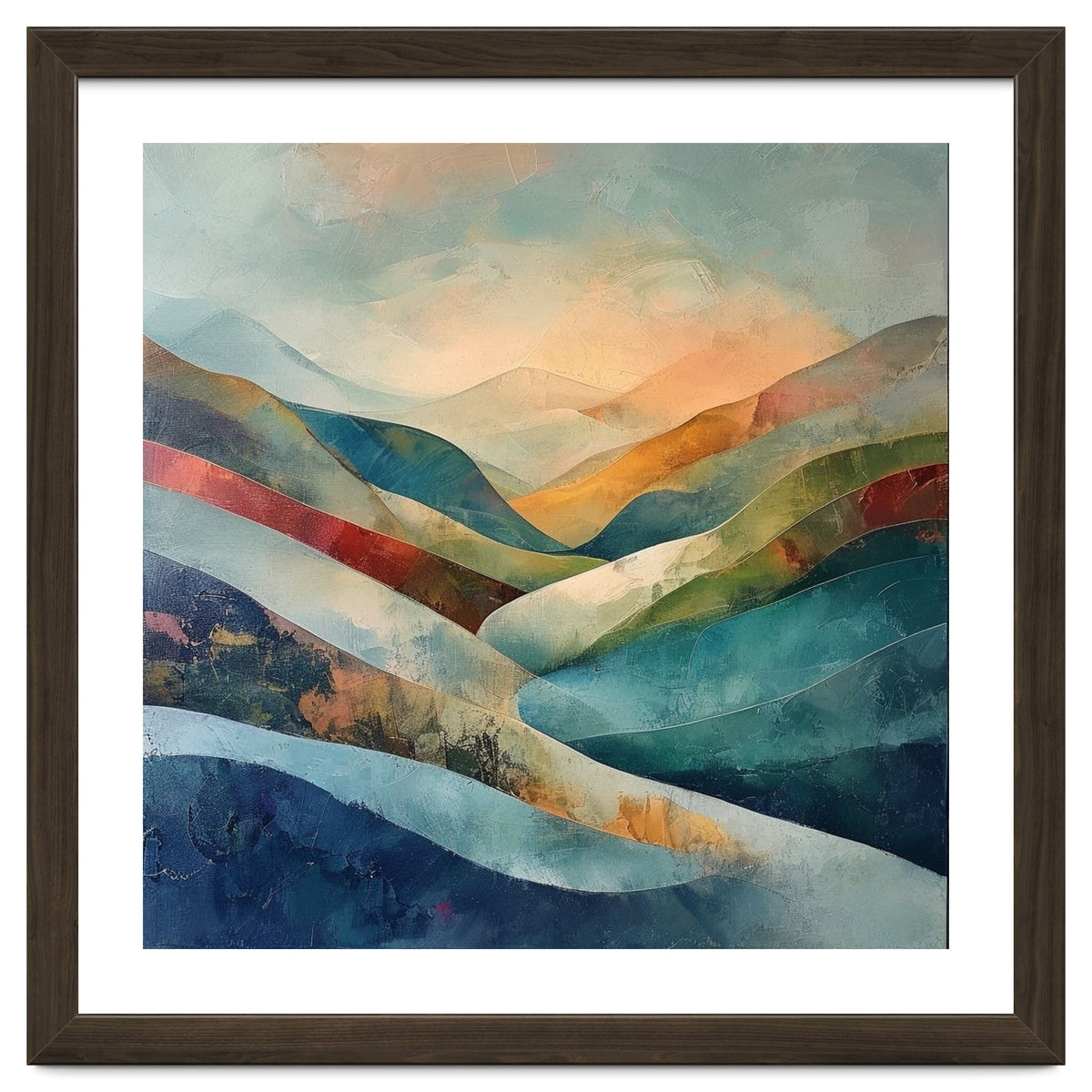 Abstract Mountain Landscape Painting with Textured Rolling Hills