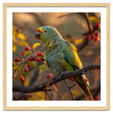 Green Parrot Perched On A Branch With Berries thumbnail