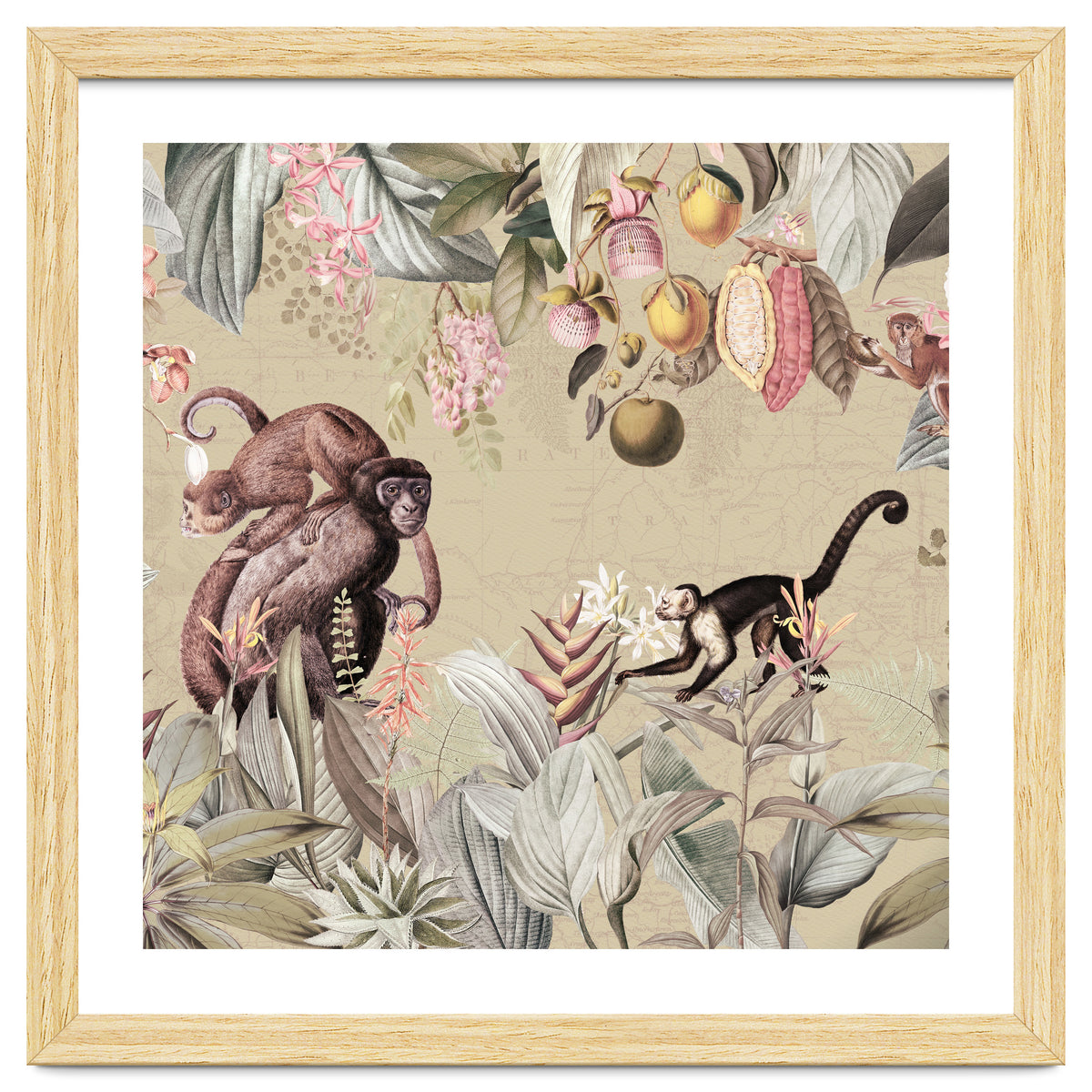 Vintage Exotic Monkeys In African Jungle Landscape