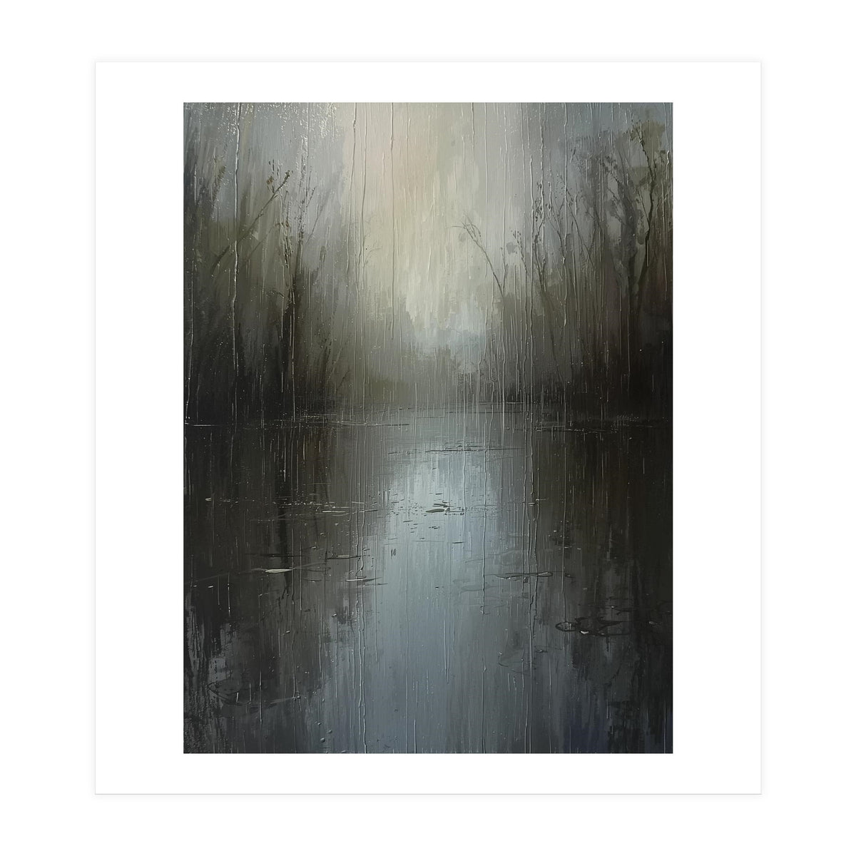 Ethereal Rainy Lake Forest Oil Painting (Print Only)