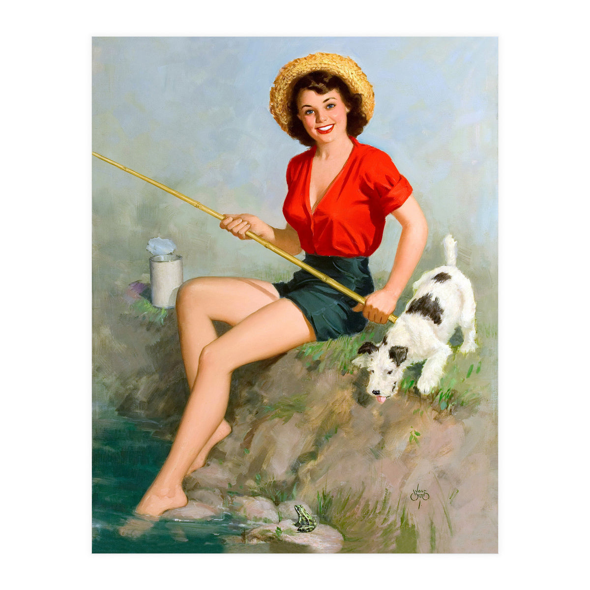 Pinup Girl Fishing With Her Dog (Print Only)