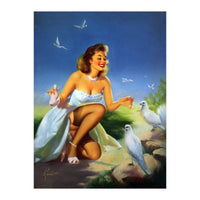 Beautiful Pinup Girl Feeding White Pigeons (Print Only)