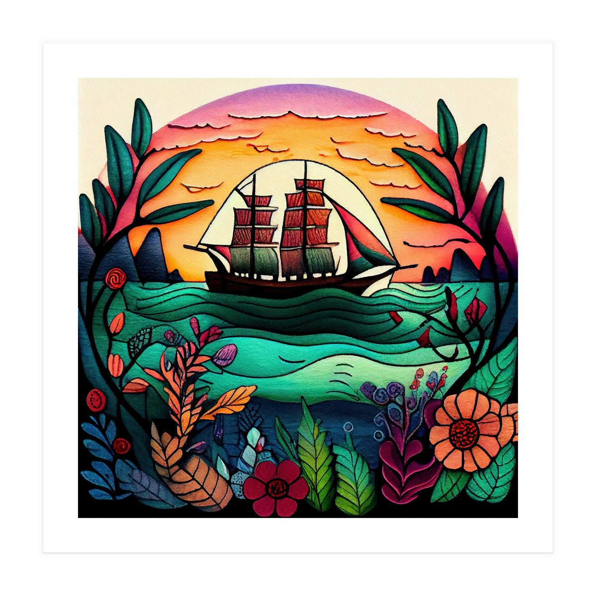 Folk Sunset Sailing Ship (Print Only)
