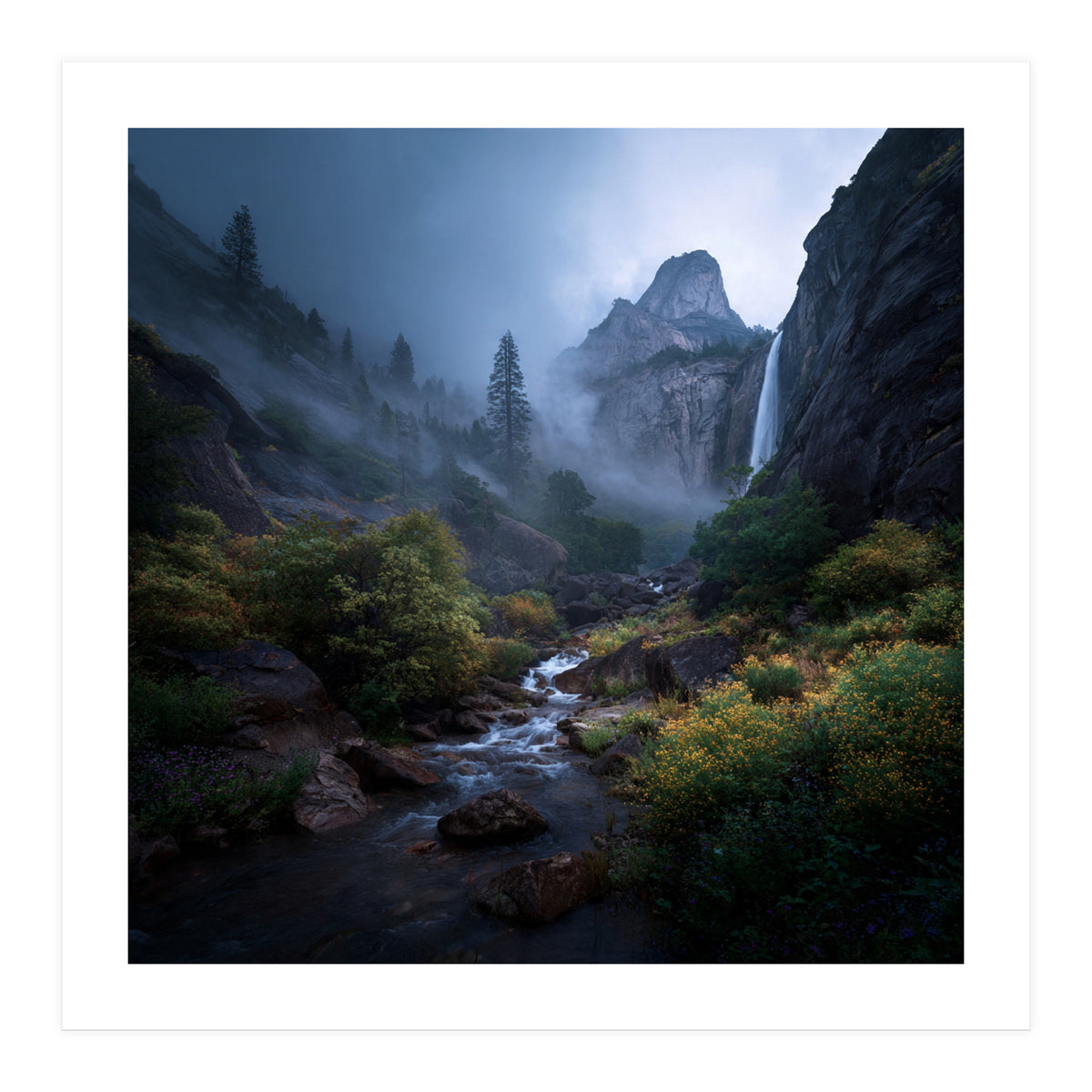 Majestic Misty Mountain Valley with Cascading Waterfall (Print Only)