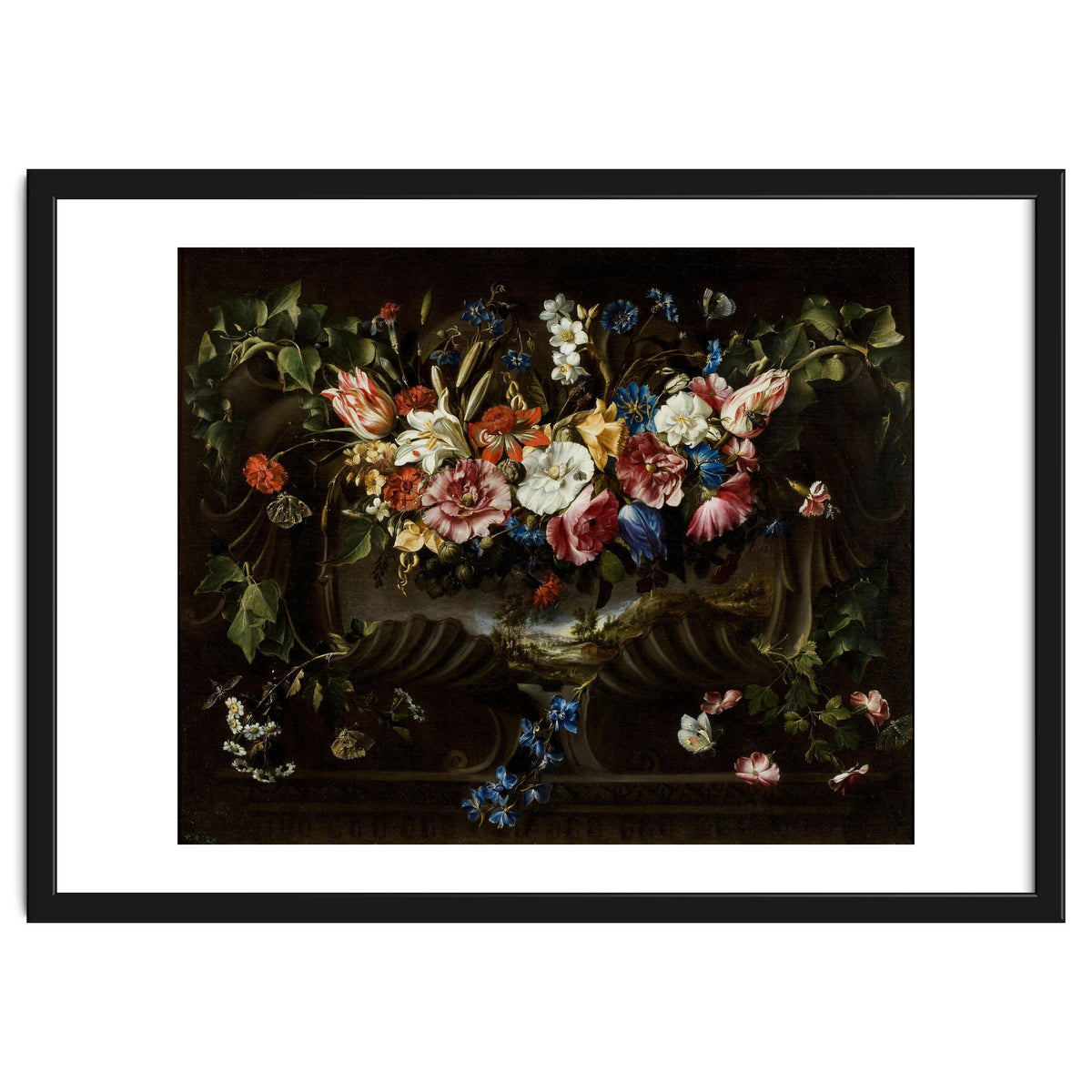 Juan de Arellano / 'Garland of Flowers with Landscape', 1652, Spanish School.