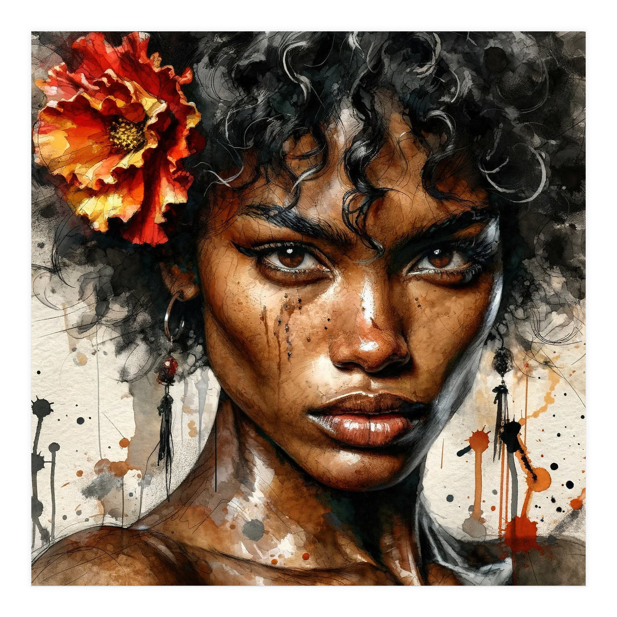 Watercolor Afro American Flamenco Dancer #1 (Print Only)