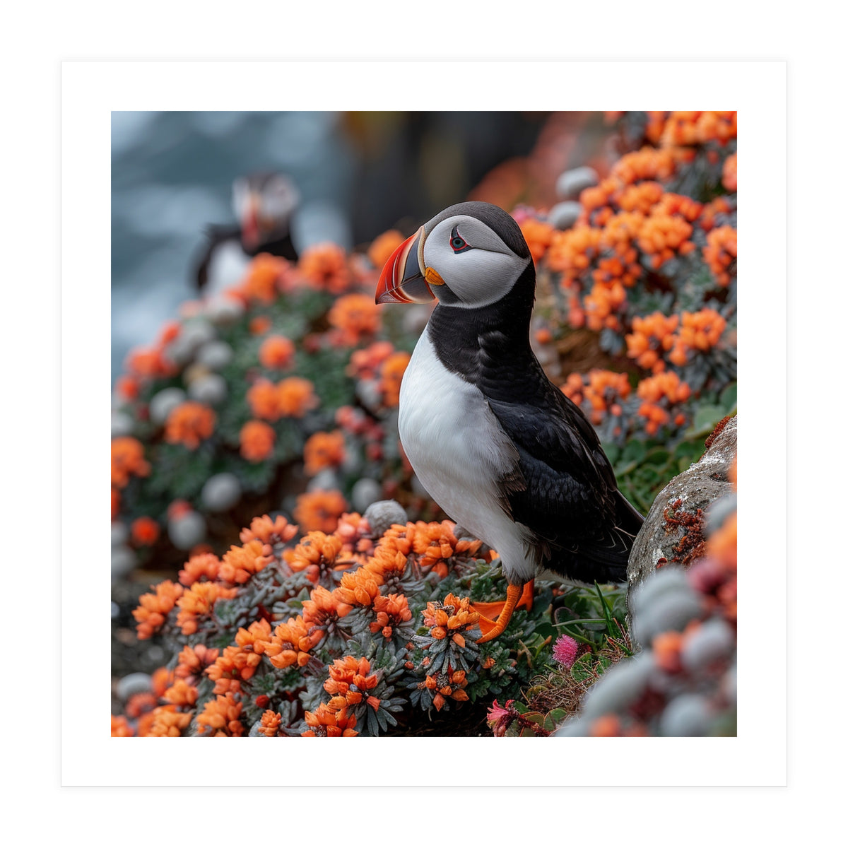 Atlantic Puffin Bird Perched On Orange Flowers (Print Only)