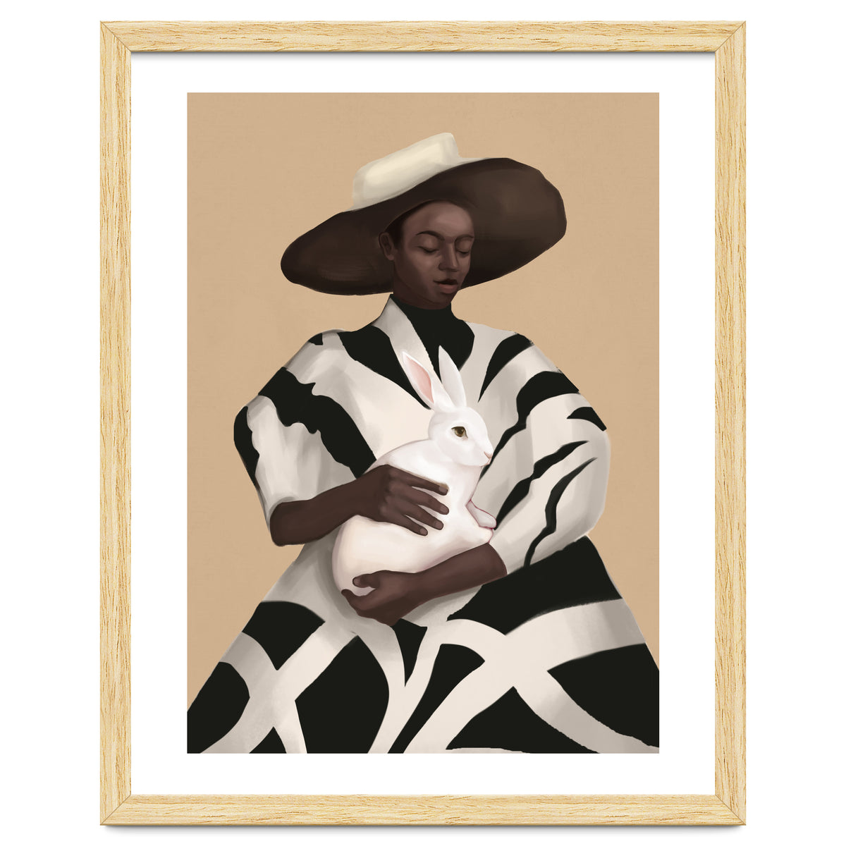 Woman In Stripes Holding A White Rabbit