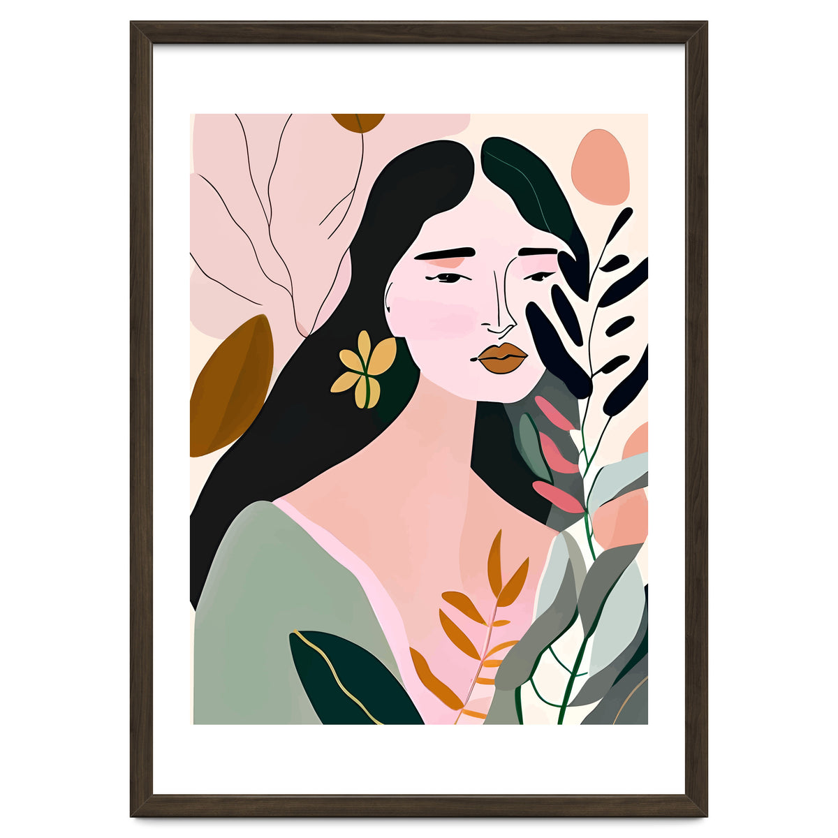 Reinvent, Beautiful Woman Girl Pastel Line Art, Minimal Botanical Nature Portrait, Modern Bohemian Drawing Nomadic Summer Self Love