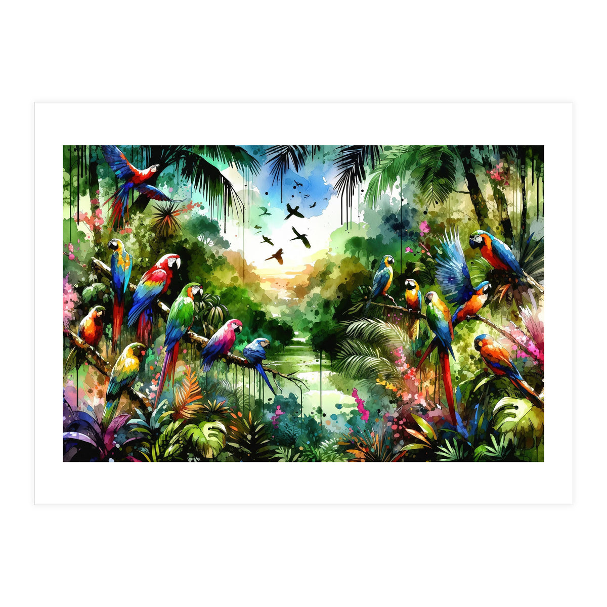 Watercolor Tropical Birds In The Jungle (Print Only)
