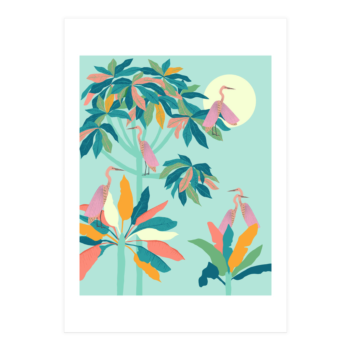 Drawn To The Moon, Stork Heron Flamingo Birds, Tropical Pastel Wildlife Forest Nature, Animals Jungle Bohemian Eclectic Fly (Print Only)