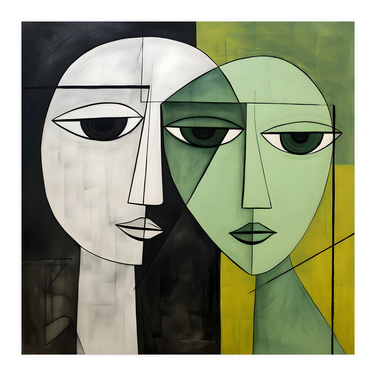 DYNAMIC FUSION, Two abstract heads converge - vibrant green tones intertwine with cool grey hues, a dance of contrast and connection. (Print Only)