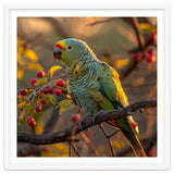 Green Parrot Perched On A Branch With Berries thumbnail