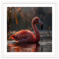 Pink Flamingo Swimming In Sunlight Water