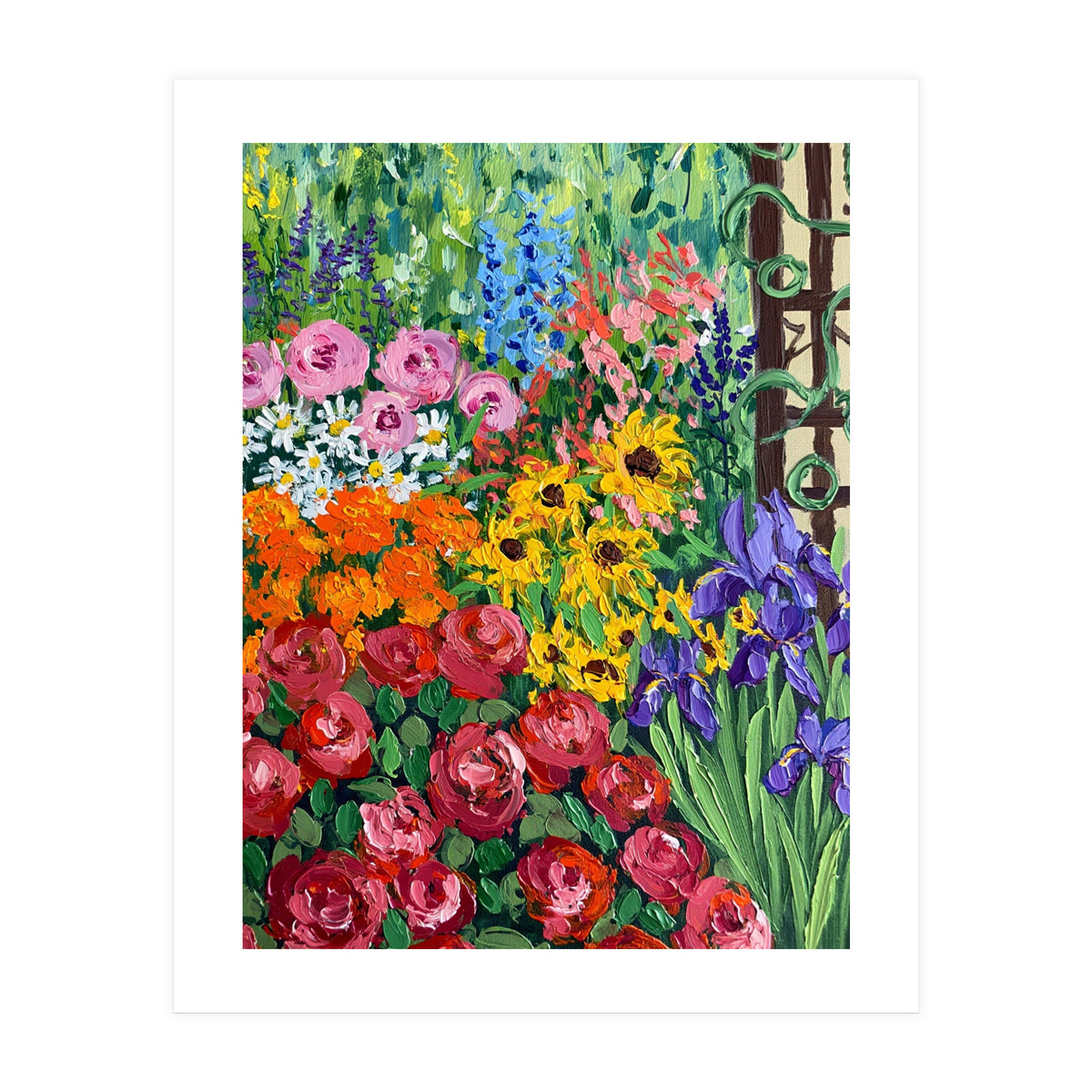 Vibrant Summer Cottage Garden Oil Painting (Print Only)
