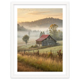 Rustic Red Roof Barn in Misty Morning Valley Landscape thumbnail