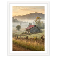Rustic Red Roof Barn in Misty Morning Valley Landscape