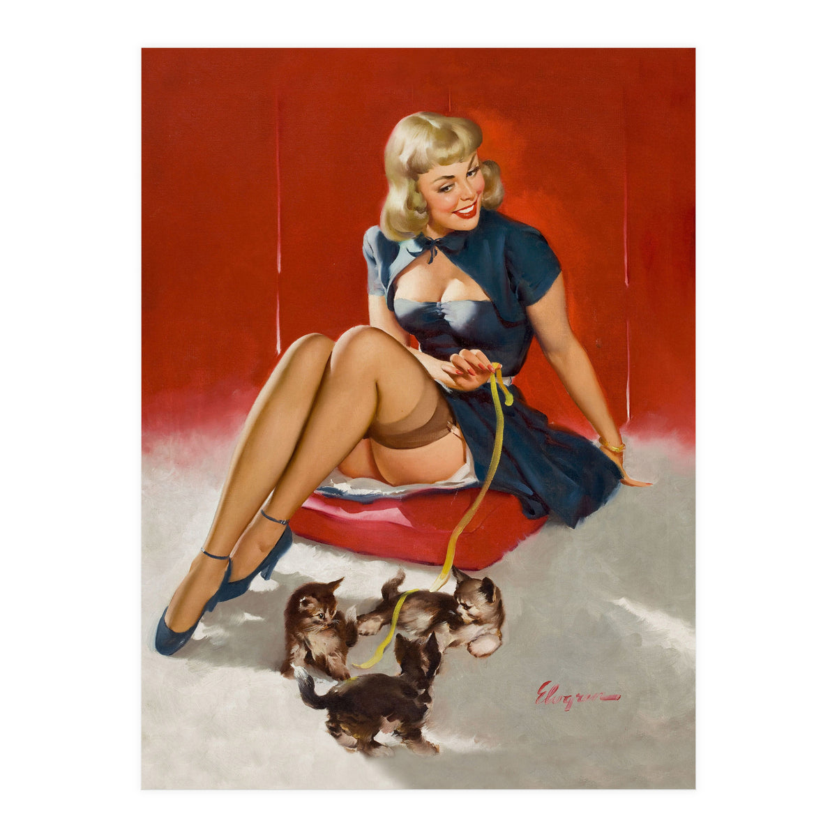 Pinup Sexy Girl Playing With Her Little Cats (Print Only)